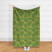 Exotic Summer Rainforest Jungle Beauty:   A Vintage Mysterious Botanical Pattern Featuring leaves, yellow blossoms and colorful Tropical birds and fruits on spring green double layer