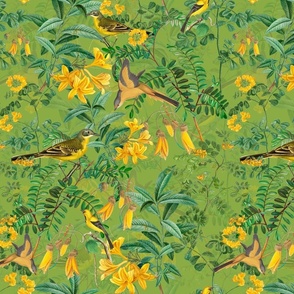 Exotic Summer Rainforest Jungle Beauty:   A Vintage Mysterious Botanical Pattern Featuring leaves, yellow blossoms and colorful Tropical birds and fruits on spring green double layer