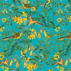 Exotic Summer Rainforest Jungle Beauty:   A Vintage Mysterious Botanical Pattern Featuring leaves, yellow blossoms and colorful Tropical birds and fruits on azure turquoise double layer