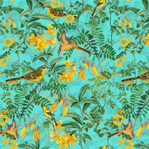 Exotic Summer Rainforest Jungle Beauty:   A Vintage Mysterious Botanical Pattern Featuring leaves, yellow blossoms and colorful Tropical birds and fruits on  turquoise double layer
