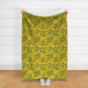 Exotic Summer Rainforest Jungle Beauty:   A Vintage Mysterious Botanical Pattern Featuring leaves, yellow blossoms and colorful Tropical birds and fruits on shiny yellow double layer