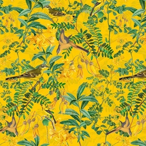 Exotic Summer Rainforest Jungle Beauty:   A Vintage Mysterious Botanical Pattern Featuring leaves, yellow blossoms and colorful Tropical birds and fruits on shiny yellow double layer