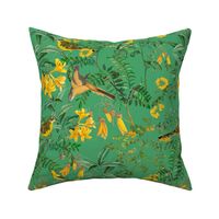 Exotic Summer Rainforest Jungle Beauty:   A Vintage Mysterious Botanical Pattern Featuring leaves, yellow blossoms and colorful Tropical birds and fruits on shiny green