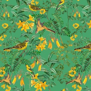 Exotic Summer Rainforest Jungle Beauty:   A Vintage Mysterious Botanical Pattern Featuring leaves, yellow blossoms and colorful Tropical birds and fruits on shiny green