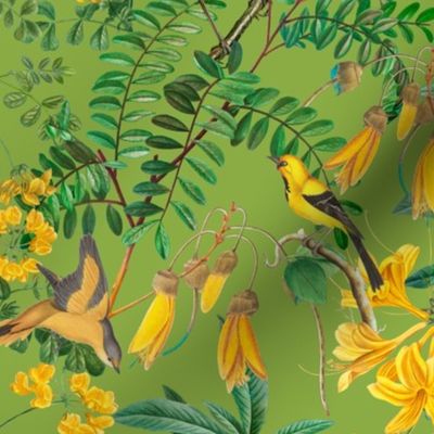 Exotic Summer Rainforest Jungle Beauty:   A Vintage Mysterious Botanical Pattern Featuring leaves, yellow blossoms and colorful Tropical birds and fruits on spring green