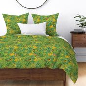 Exotic Summer Rainforest Jungle Beauty:   A Vintage Mysterious Botanical Pattern Featuring leaves, yellow blossoms and colorful Tropical birds and fruits on spring green