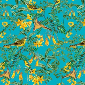 Exotic Summer Rainforest Jungle Beauty:   A Vintage Mysterious Botanical Pattern Featuring leaves, yellow blossoms and colorful Tropical birds and fruits on shiny azure turquoise blue