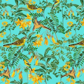 Exotic Summer Rainforest Jungle Beauty:   A Vintage Mysterious Botanical Pattern Featuring leaves, yellow blossoms and colorful Tropical birds and fruits on shiny turquoise