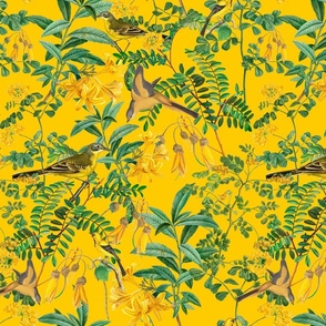Exotic Summer Rainforest Jungle Beauty:   A Vintage Mysterious Botanical Pattern Featuring leaves, yellow blossoms and colorful Tropical birds and fruits on shiny yellow