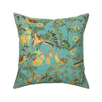 Exotic Summer Rainforest Jungle Beauty:   A Vintage Mysterious Botanical Pattern Featuring leaves, yellow blossoms and colorful Tropical birds and fruits on sepia turquoise