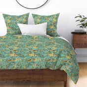 Exotic Summer Rainforest Jungle Beauty:   A Vintage Mysterious Botanical Pattern Featuring leaves, yellow blossoms and colorful Tropical birds and fruits on sepia turquoise