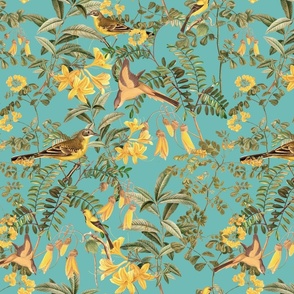 Exotic Summer Rainforest Jungle Beauty:   A Vintage Mysterious Botanical Pattern Featuring leaves, yellow blossoms and colorful Tropical birds and fruits on sepia turquoise