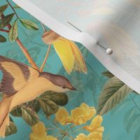 Exotic Summer Rainforest Jungle Beauty:   A Vintage Mysterious Botanical Pattern Featuring leaves, yellow blossoms and colorful Tropical birds and fruits on sepia turquoise double layer