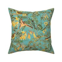 Exotic Summer Rainforest Jungle Beauty:   A Vintage Mysterious Botanical Pattern Featuring leaves, yellow blossoms and colorful Tropical birds and fruits on sepia turquoise double layer