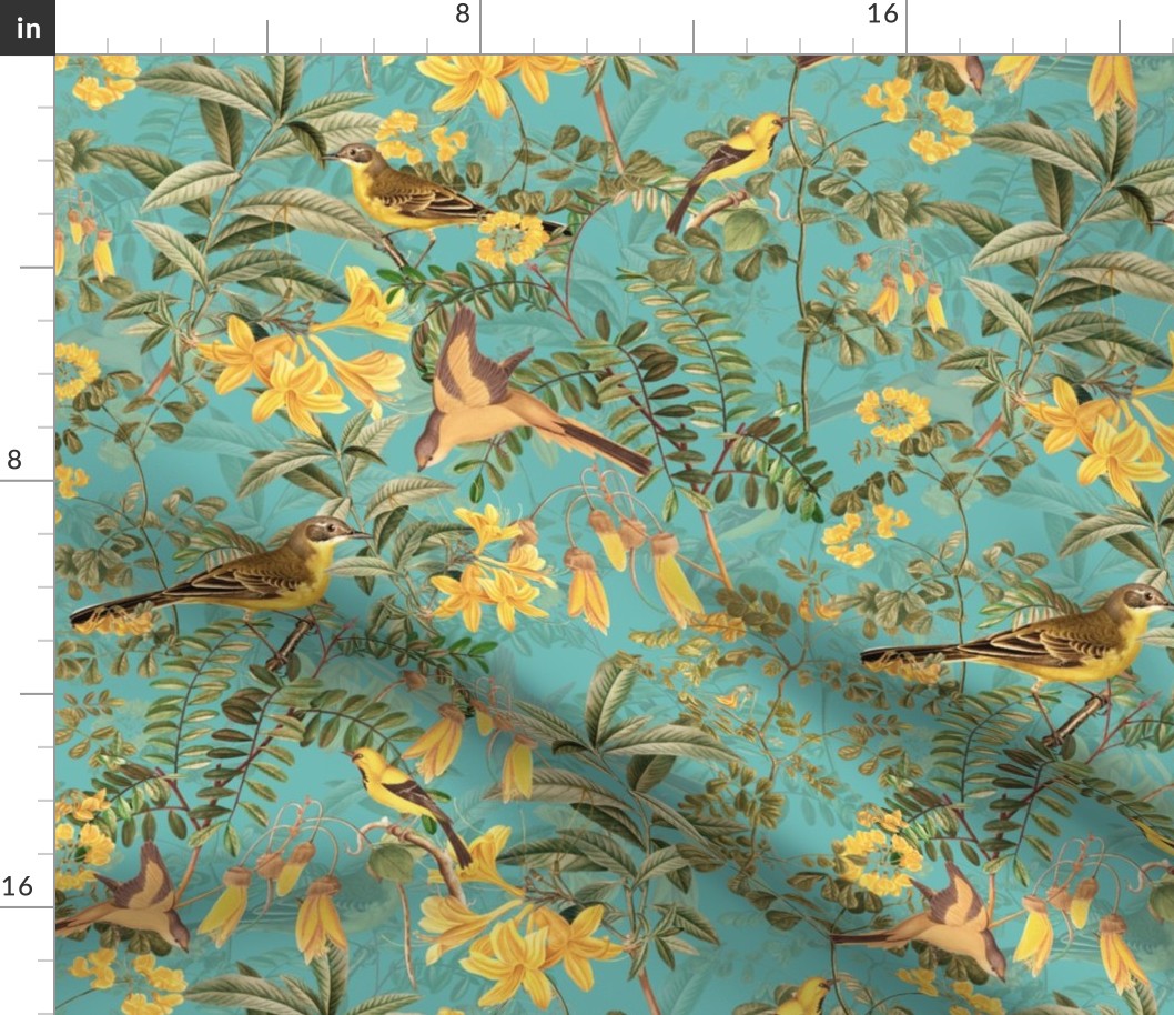 Exotic Summer Rainforest Jungle Beauty:   A Vintage Mysterious Botanical Pattern Featuring leaves, yellow blossoms and colorful Tropical birds and fruits on sepia turquoise double layer