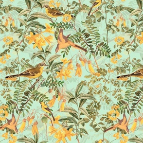 Exotic Summer Rainforest Jungle Beauty:   A Vintage Mysterious Botanical Pattern Featuring leaves, yellow blossoms and colorful Tropical birds and fruits on sepia green  double layer