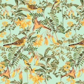 Exotic Summer Rainforest Jungle Beauty:   A Vintage Mysterious Botanical Pattern Featuring leaves, yellow blossoms and colorful Tropical birds and fruits on sepia green