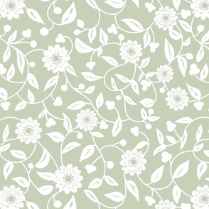 white  flowers on a pastel sage green background - medium scale