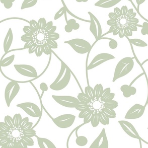 pastel sage green flowers on a white background - large scale
