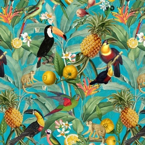 14" Exotic Jungle Beauty: A Vintage Botanical Pattern Featuring  tropical Fruits, palm leaves, colorful Toucan birds, monkeys and parrots summer shiny turquoise double layer