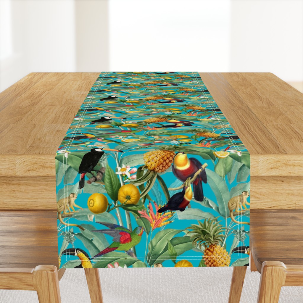 14" Exotic Jungle Beauty: A Vintage Botanical Pattern Featuring  tropical Fruits, palm leaves, colorful Toucan birds, monkeys and parrots summer shiny turquoise