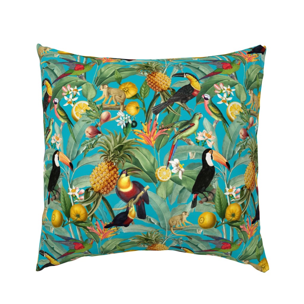 14" Exotic Jungle Beauty: A Vintage Botanical Pattern Featuring  tropical Fruits, palm leaves, colorful Toucan birds, monkeys and parrots summer shiny turquoise