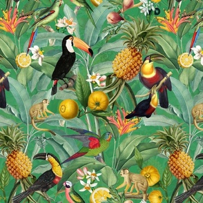 14" Exotic Jungle Beauty: A Vintage Botanical Pattern Featuring  tropical Fruits, palm leaves, colorful Toucan birds, monkeys and parrots summer shiny green double layer