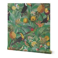 14" Exotic Jungle Beauty: A Vintage Botanical Pattern Featuring  tropical Fruits, palm leaves, colorful Toucan birds, monkeys and parrots summer shiny green