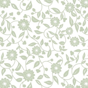 pastel sage green flowers on a white background - medium scale