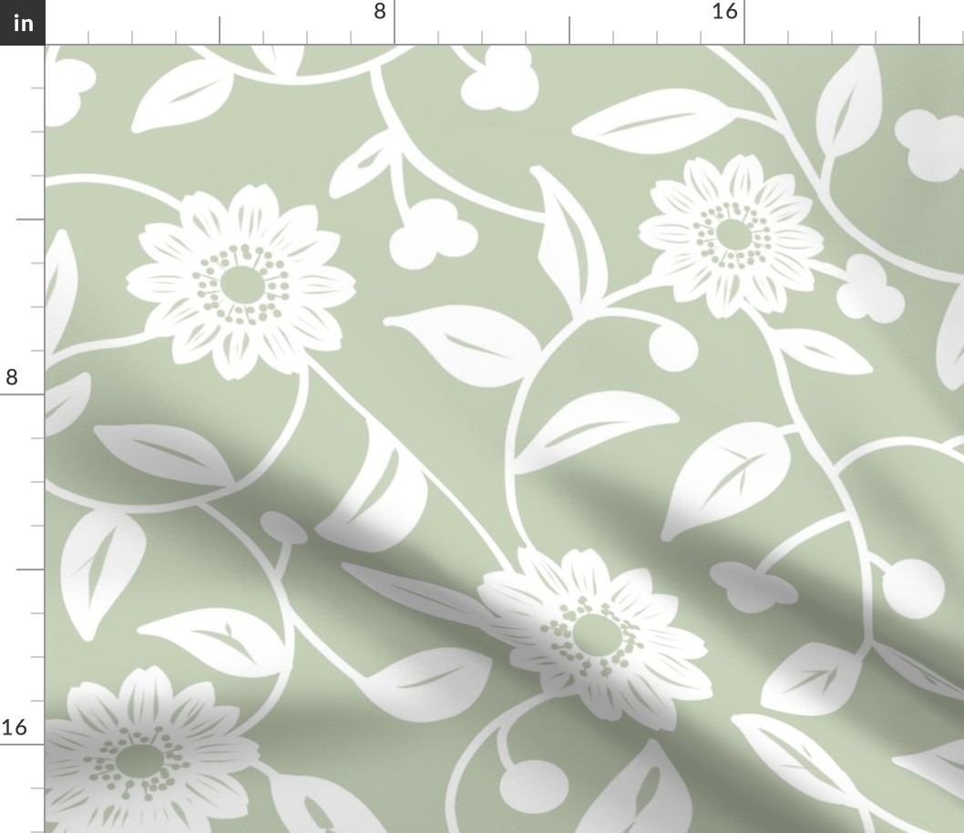 white  flowers on a pastel sage green background - large scale