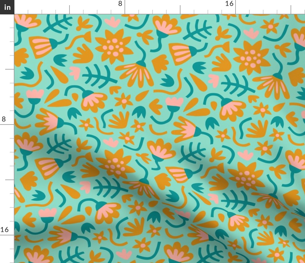 Graphic Garden Flowers Turquoise and Yellow
