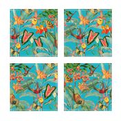 14" Exotic Jungle Beauty: A Vintage Botanical Pattern Featuring Orchids, Hummingbirds, and Butterflies shiny azure turuoise