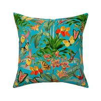 14" Exotic Jungle Beauty: A Vintage Botanical Pattern Featuring Orchids, Hummingbirds, and Butterflies shiny azure turuoise