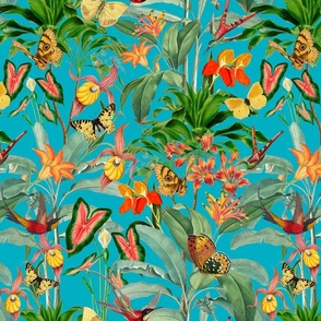 14" Exotic Jungle Beauty: A Vintage Botanical Pattern Featuring Orchids, Hummingbirds, and Butterflies shiny azure turuoise