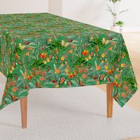 14" Exotic Jungle Beauty: A Vintage Botanical Pattern Featuring Orchids, Hummingbirds, and Butterflies shiny green