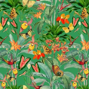 14" Exotic Jungle Beauty: A Vintage Botanical Pattern Featuring Orchids, Hummingbirds, and Butterflies shiny green