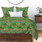 14" Exotic Jungle Beauty: A Vintage Botanical Pattern Featuring Orchids, Hummingbirds, and Butterflies shiny green double layer