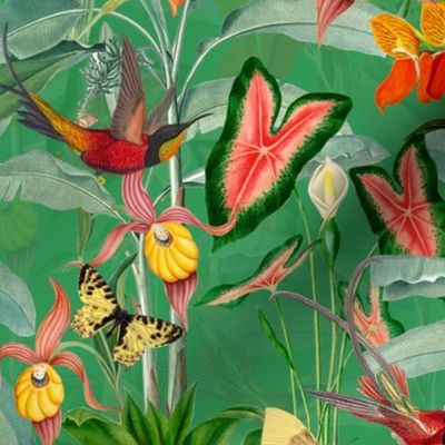 14" Exotic Jungle Beauty: A Vintage Botanical Pattern Featuring Orchids, Hummingbirds, and Butterflies shiny green double layer