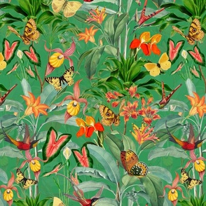 14" Exotic Jungle Beauty: A Vintage Botanical Pattern Featuring Orchids, Hummingbirds, and Butterflies shiny green double layer