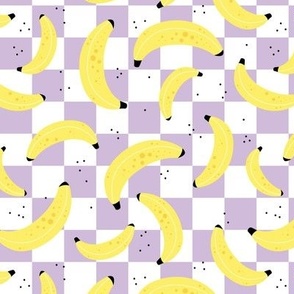 Retro banana smoothie - fruit garden on checkerboard plaid summer design nineties lilac purple yellow