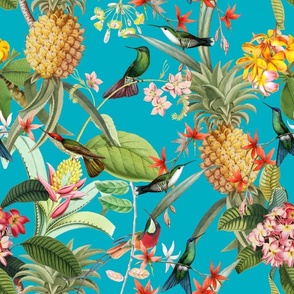 18" Vintage Tropical Birds Pineapple Paradise -shiny azure turquoise 