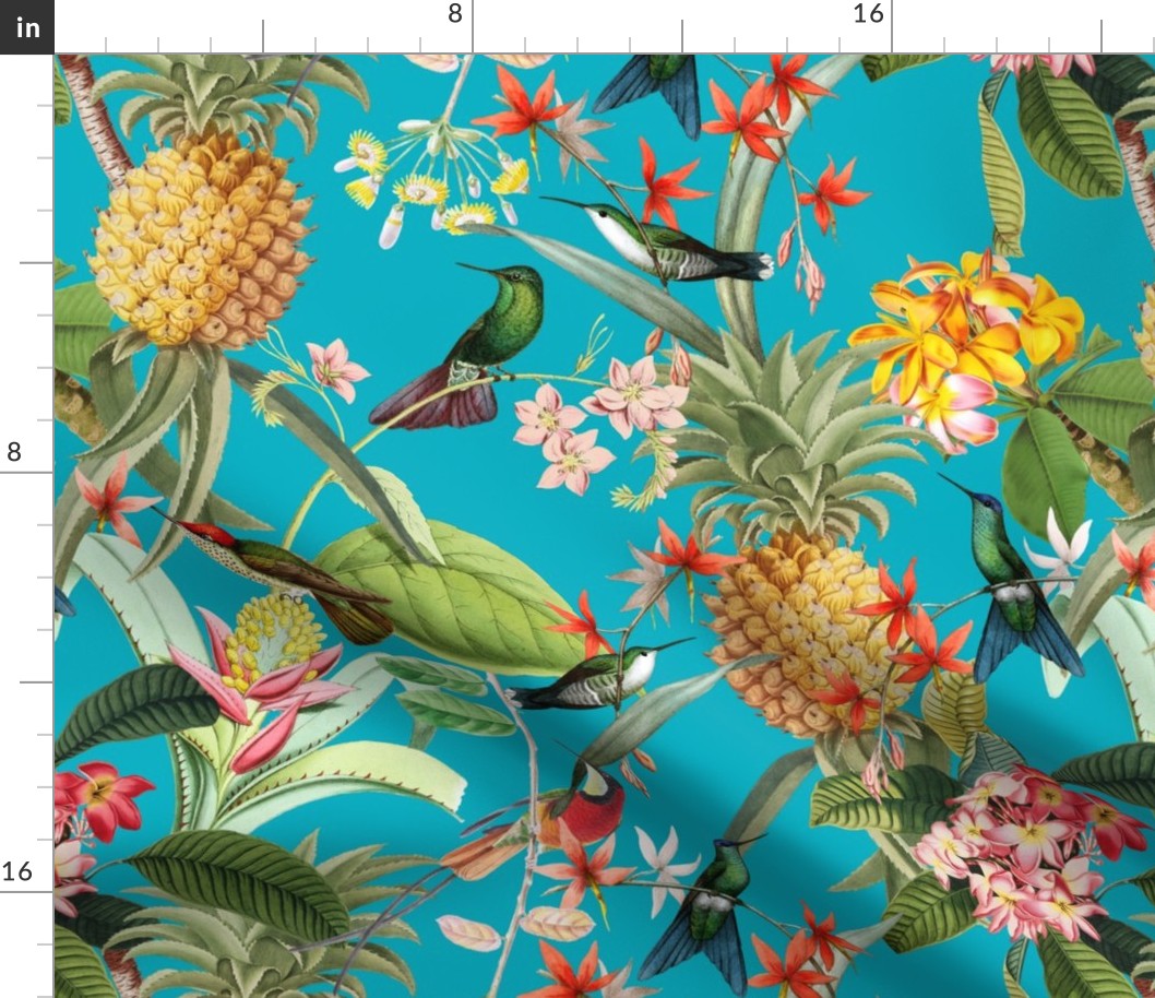 18" Vintage Tropical Birds Pineapple Paradise -shiny azure turquoise 