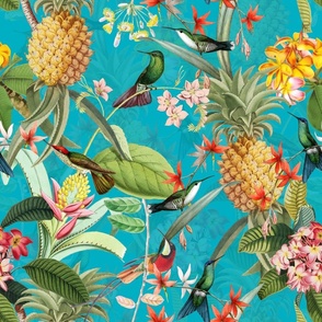 18" Vintage Tropical Birds Pineapple Paradise -shiny azure turquoise  double layer