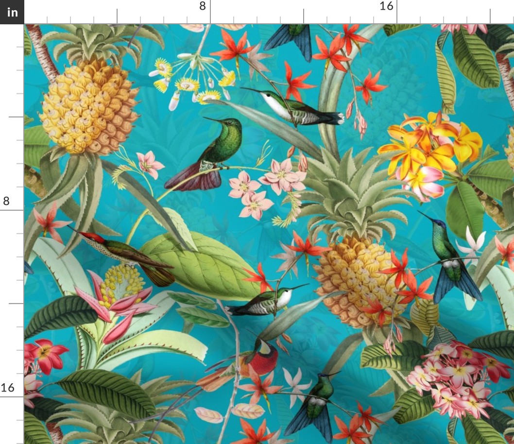 18" Vintage Tropical Birds Pineapple Paradise -shiny azure turquoise  double layer