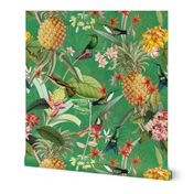 18" Vintage Tropical Birds Pineapple Paradise -shiny summer green double layer