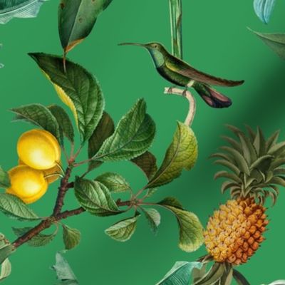 18" Vintage Tropical Birds Hummingbirds, Fruits And Pineapple Paradise -shiny green 
