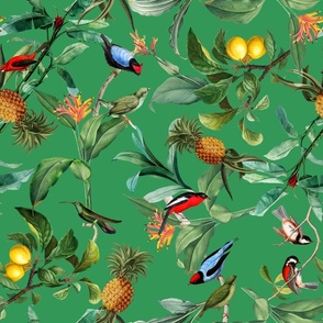 18" Vintage Tropical Birds Hummingbirds, Fruits And Pineapple Paradise -shiny green 