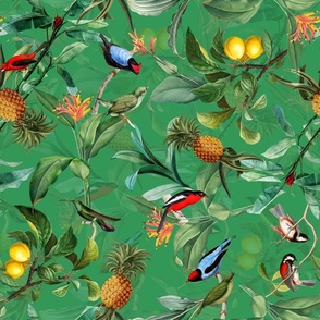 18" Vintage Tropical Birds Hummingbirds, Fruits And Pineapple Paradise -shiny green double layer