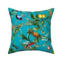 18" Vintage Tropical Birds Hummingbirds, Fruits And Pineapple Paradise -shiny azure turquoise 