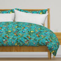 18" Vintage Tropical Birds Hummingbirds, Fruits And Pineapple Paradise -shiny azure turquoise  double layer